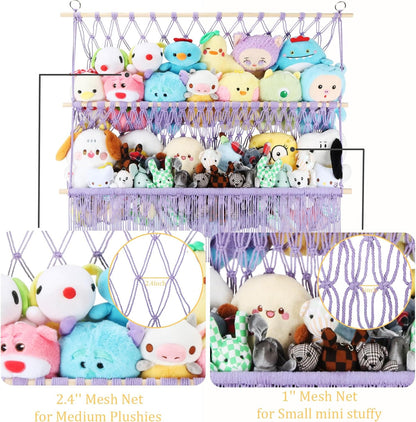 2 Tier Stuffed Animal Storage Net, Large Boho Stuffy Plushies Storage,Beige