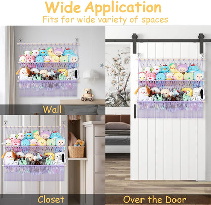 2 Tier Stuffed Animal Storage Net, Large Boho Stuffy Plushies Storage,Beige