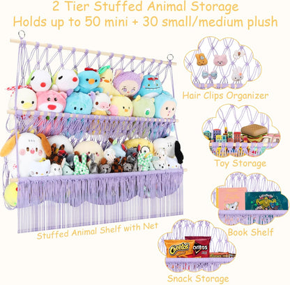 2 Tier Stuffed Animal Storage Net, Large Boho Stuffy Plushies Storage,Beige