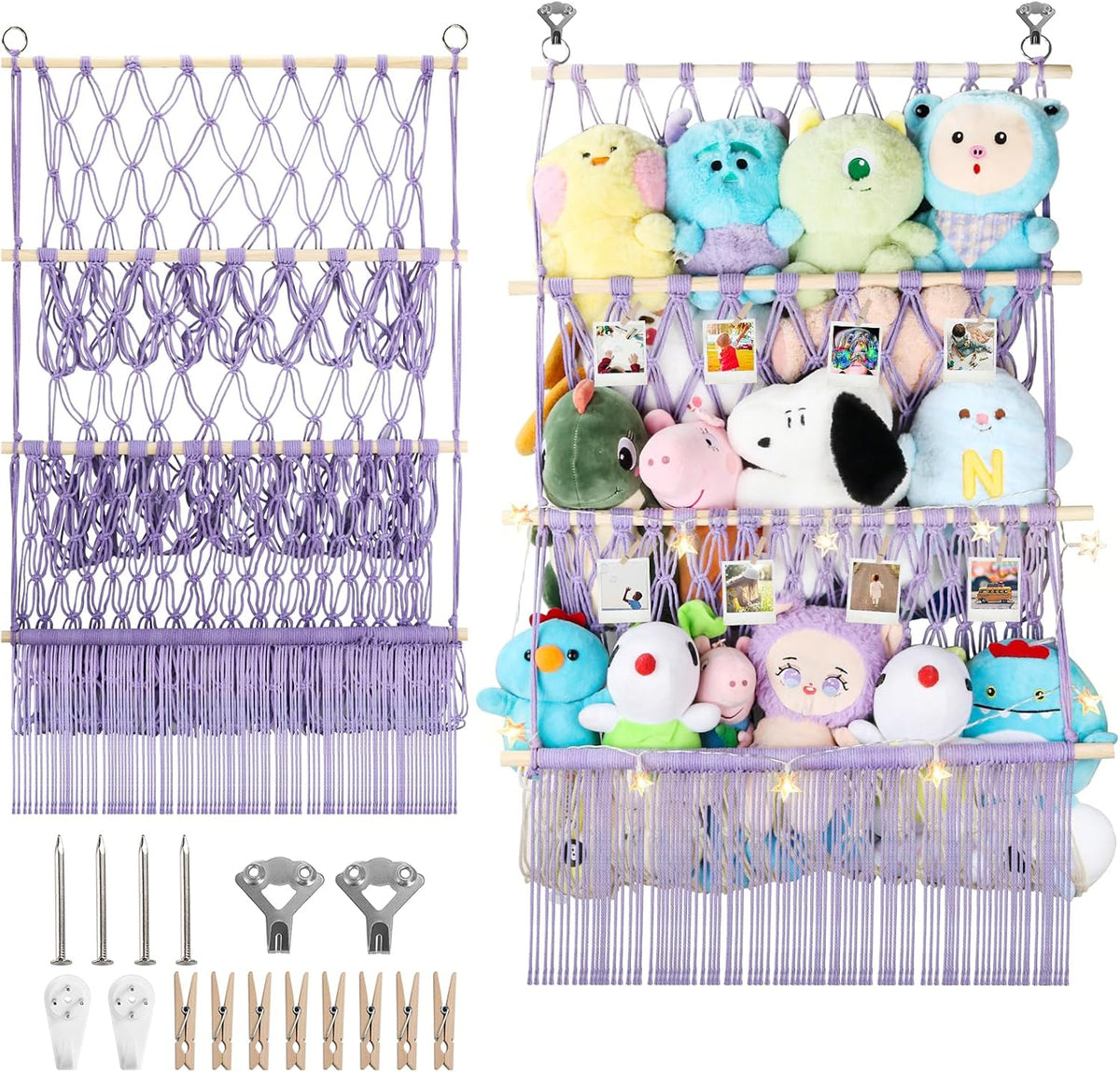 2 Tier Stuffed Animal Storage Net, Large Boho Stuffy Plushies Storage,Beige