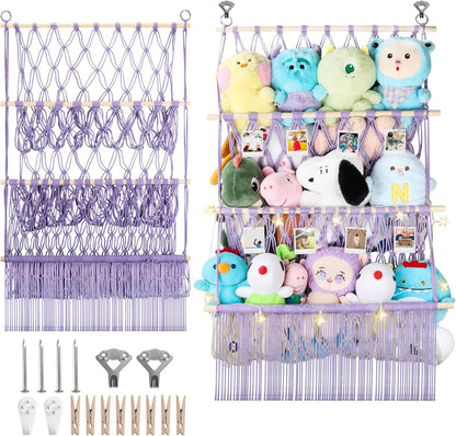 2 Tier Stuffed Animal Storage Net, Large Boho Stuffy Plushies Storage,Beige