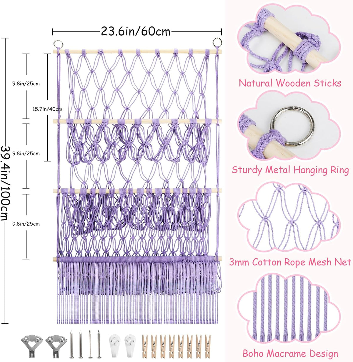 2 Tier Stuffed Animal Storage Net, Large Boho Stuffy Plushies Storage,Beige