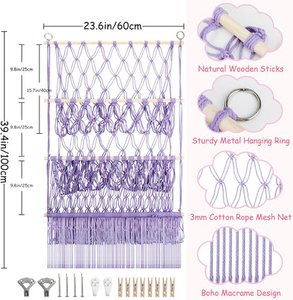 2 Tier Stuffed Animal Storage Net, Large Boho Stuffy Plushies Storage,Beige