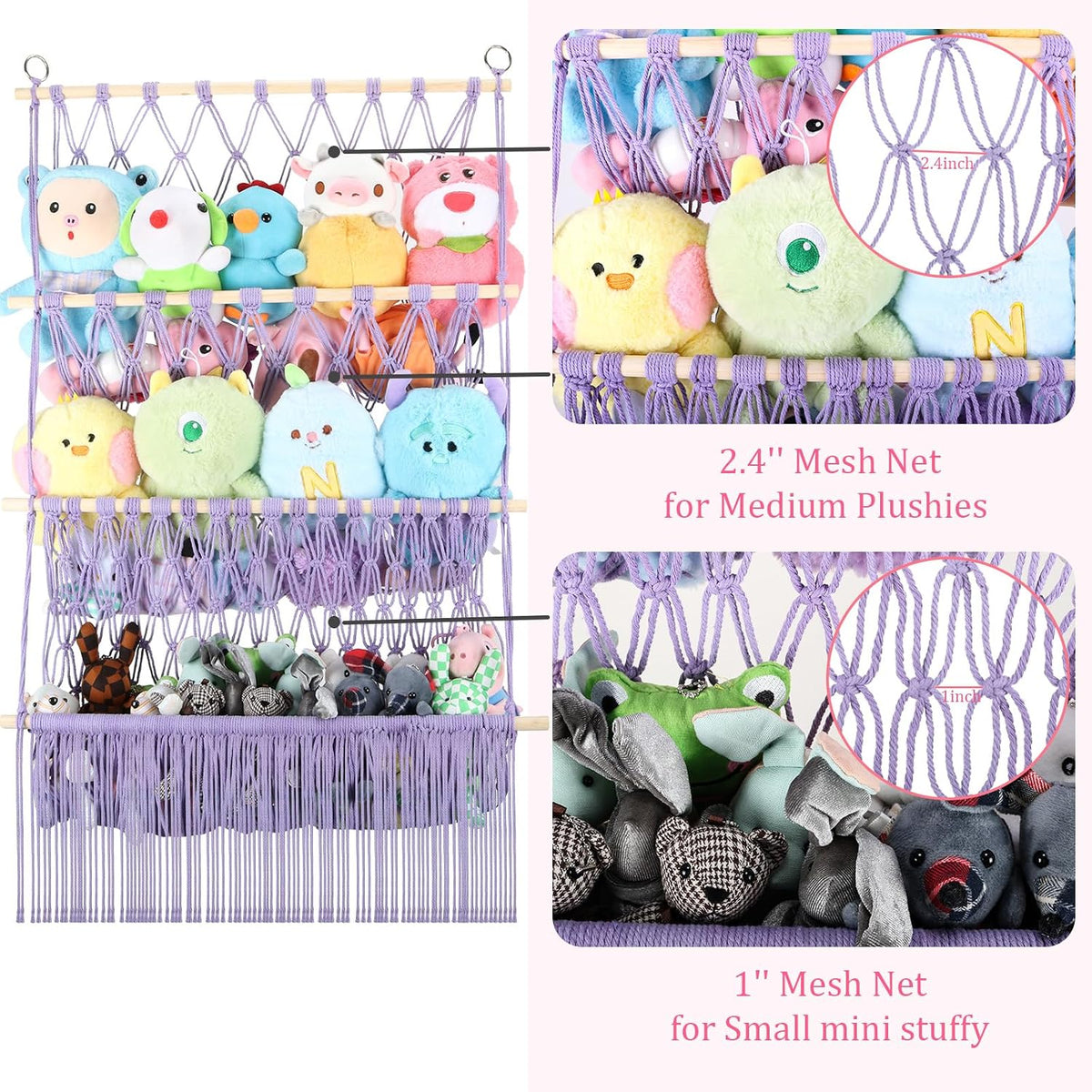 2 Tier Stuffed Animal Storage Net, Large Boho Stuffy Plushies Storage,Beige