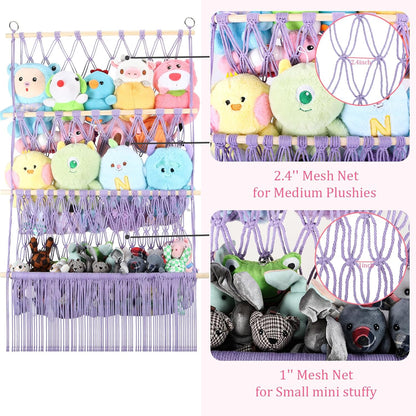2 Tier Stuffed Animal Storage Net, Large Boho Stuffy Plushies Storage,Beige