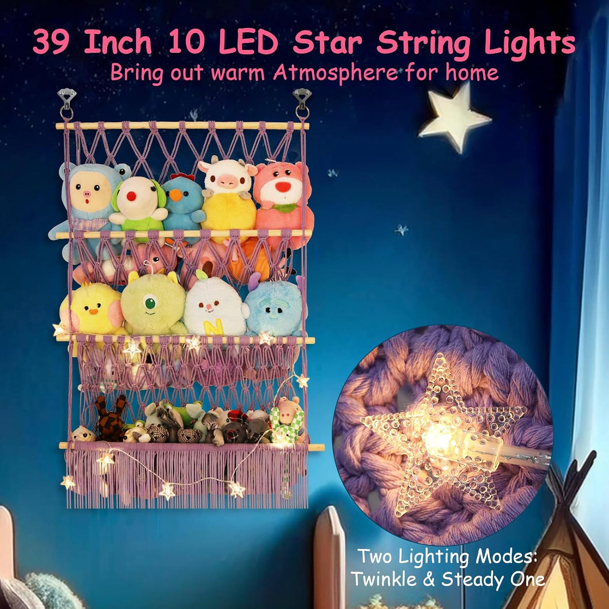 2 Tier Stuffed Animal Storage Net, Large Boho Stuffy Plushies Storage,Beige