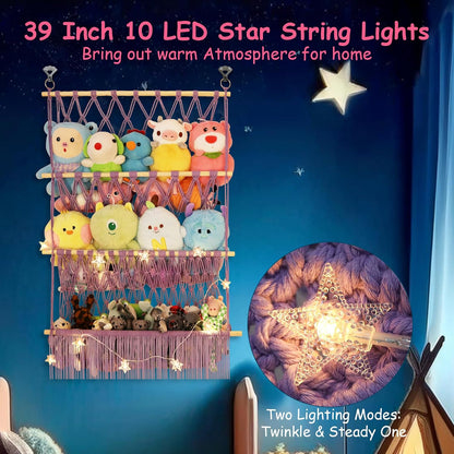 2 Tier Stuffed Animal Storage Net, Large Boho Stuffy Plushies Storage,Beige