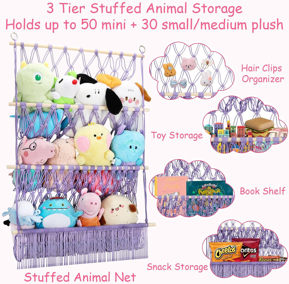 2 Tier Stuffed Animal Storage Net, Large Boho Stuffy Plushies Storage,Beige