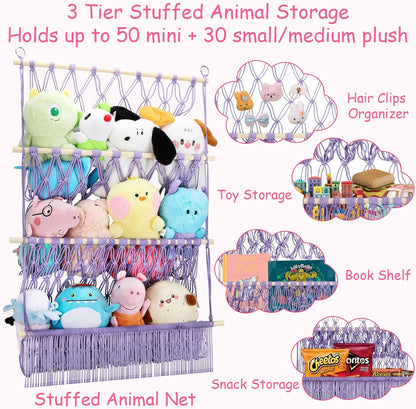 2 Tier Stuffed Animal Storage Net, Large Boho Stuffy Plushies Storage,Beige