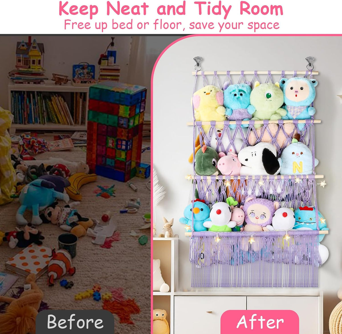 2 Tier Stuffed Animal Storage Net, Large Boho Stuffy Plushies Storage,Beige