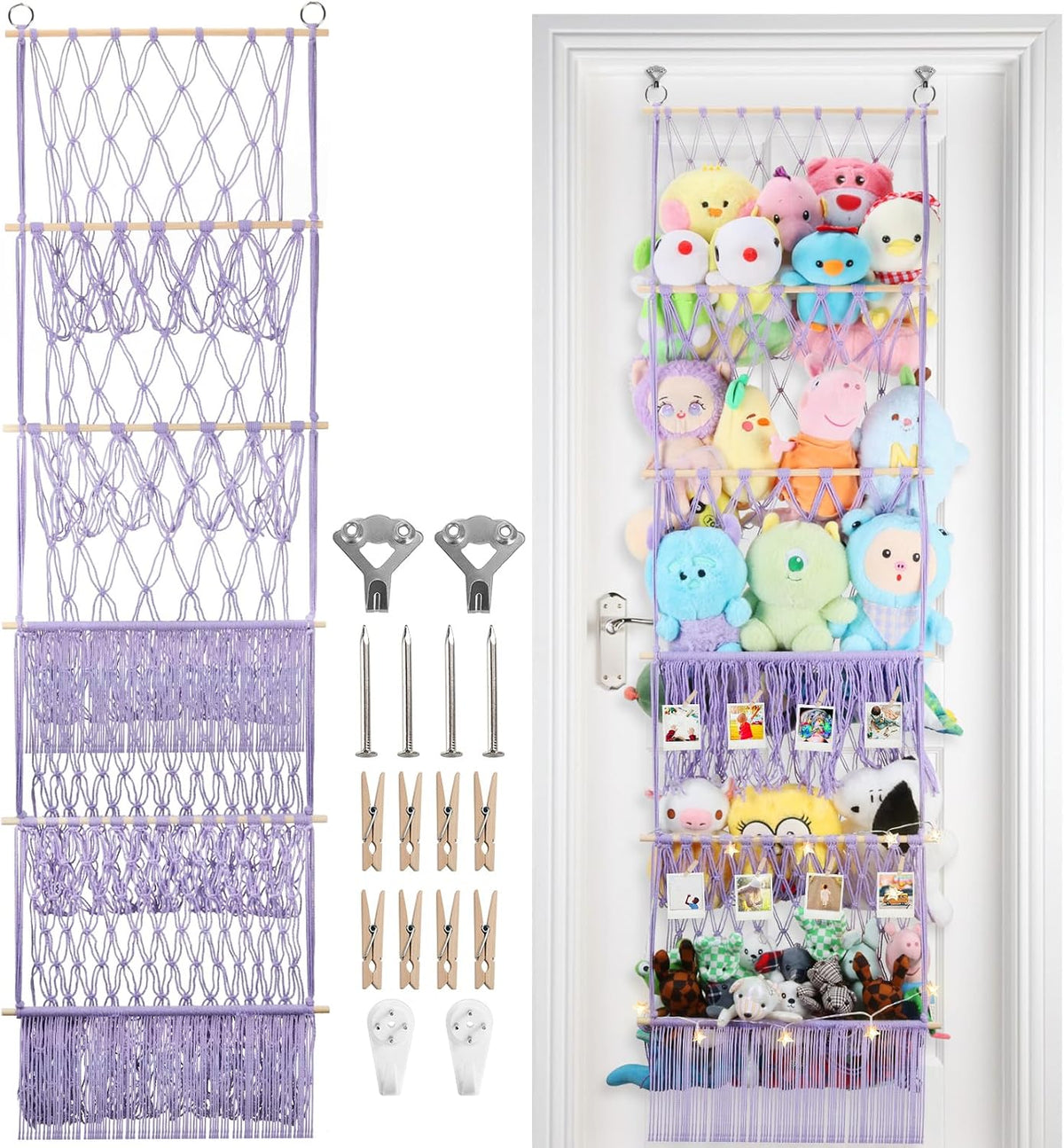 2 Tier Stuffed Animal Storage Net, Large Boho Stuffy Plushies Storage,Beige