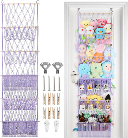 2 Tier Stuffed Animal Storage Net, Large Boho Stuffy Plushies Storage,Beige