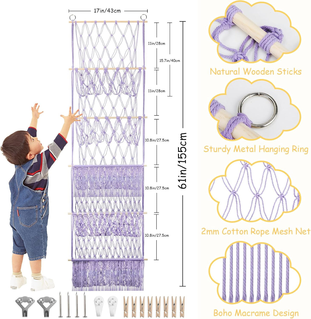 2 Tier Stuffed Animal Storage Net, Large Boho Stuffy Plushies Storage,Beige