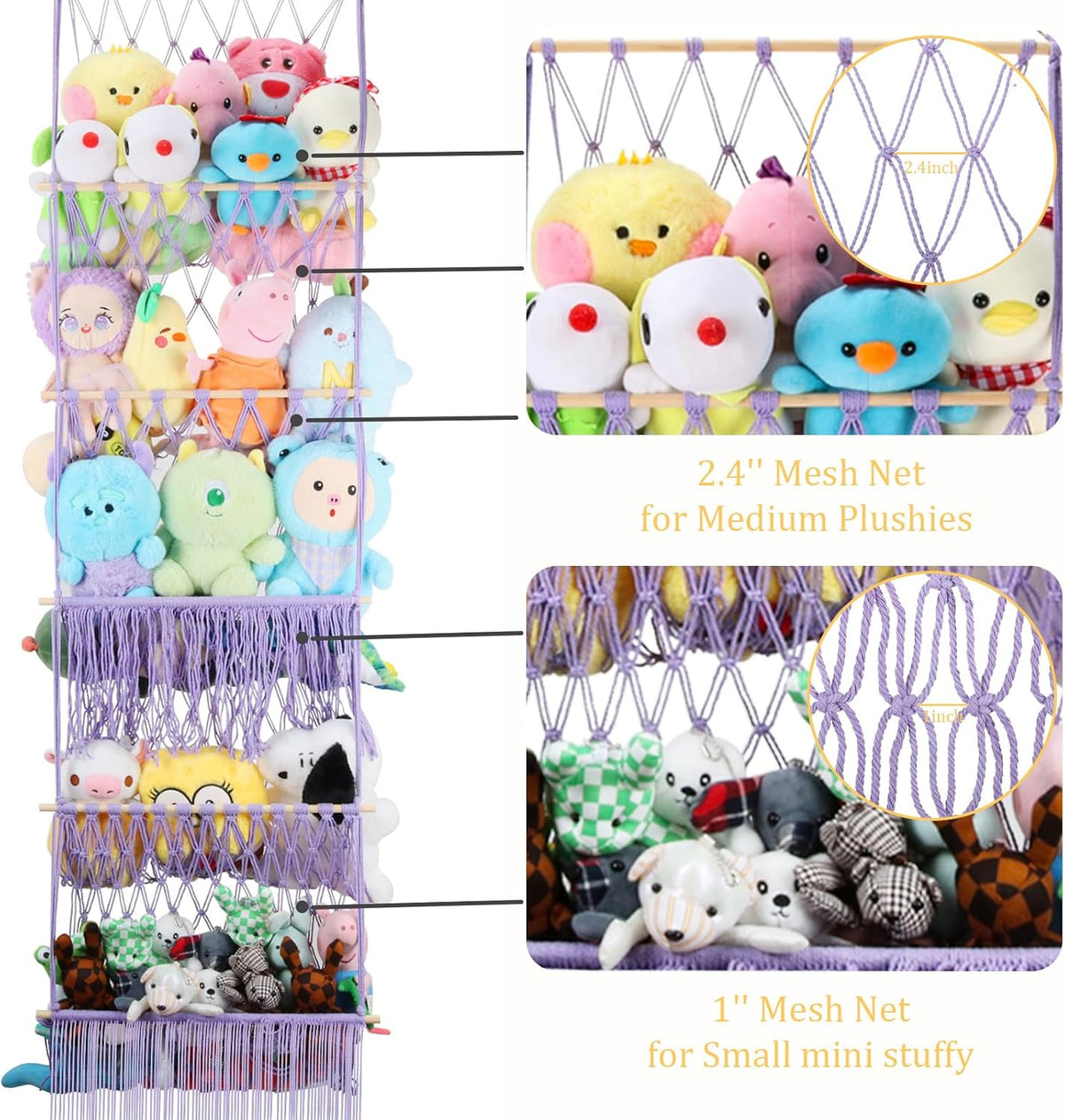 2 Tier Stuffed Animal Storage Net, Large Boho Stuffy Plushies Storage,Beige