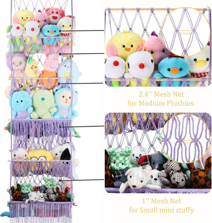 2 Tier Stuffed Animal Storage Net, Large Boho Stuffy Plushies Storage,Beige