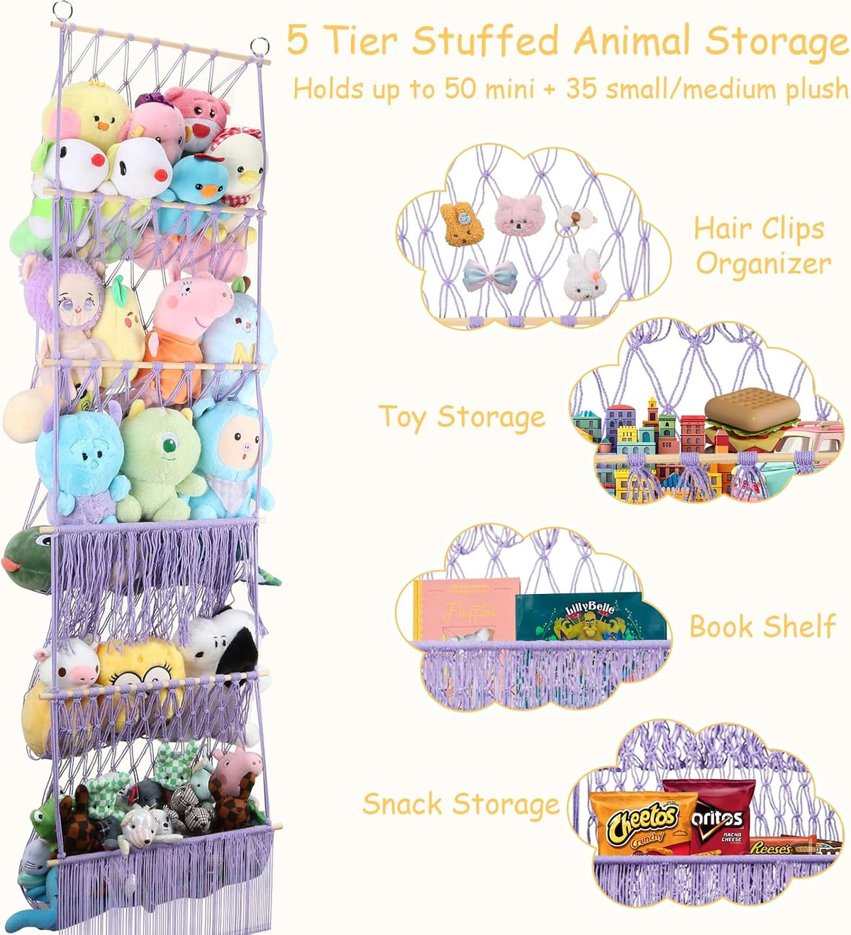 2 Tier Stuffed Animal Storage Net, Large Boho Stuffy Plushies Storage,Beige