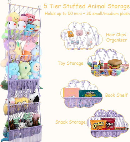 2 Tier Stuffed Animal Storage Net, Large Boho Stuffy Plushies Storage,Beige