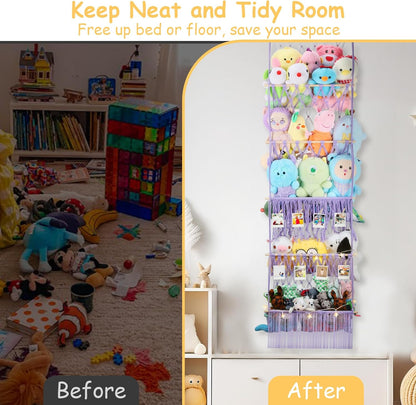 2 Tier Stuffed Animal Storage Net, Large Boho Stuffy Plushies Storage,Beige