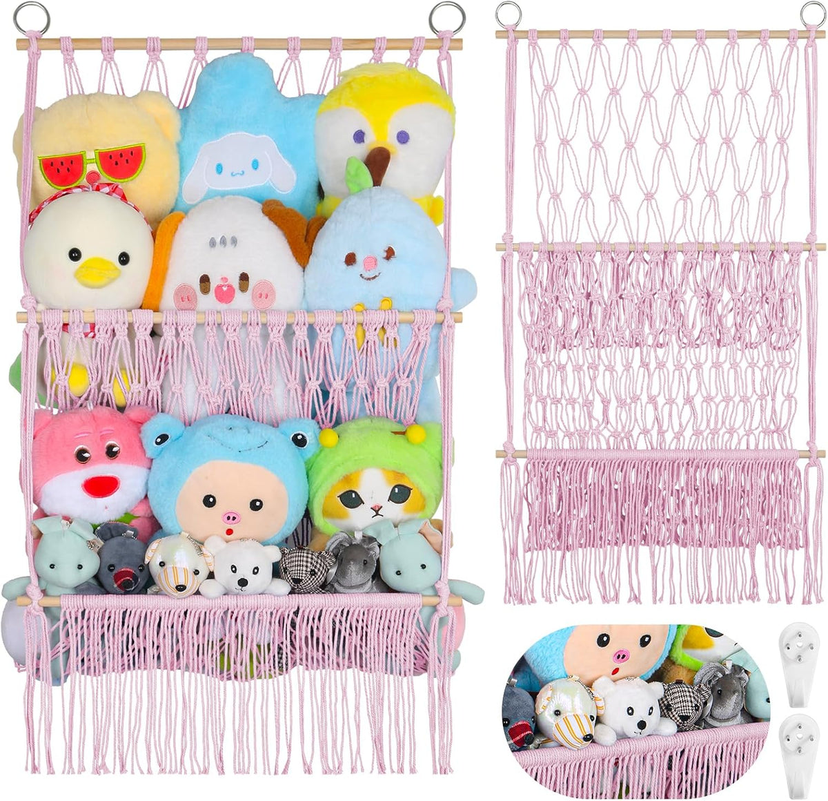 2 Tier Stuffed Animal Storage Net, Large Boho Stuffy Plushies Storage,Beige