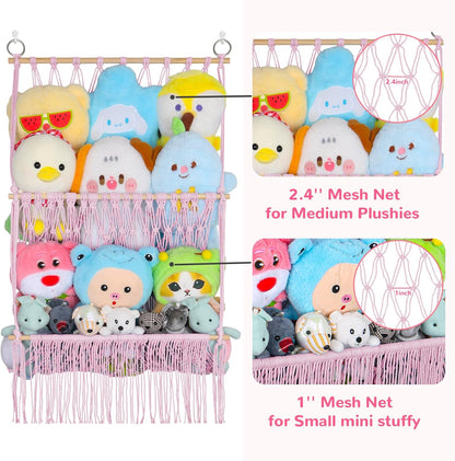 2 Tier Stuffed Animal Storage Net, Large Boho Stuffy Plushies Storage,Beige