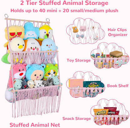 2 Tier Stuffed Animal Storage Net, Large Boho Stuffy Plushies Storage,Beige