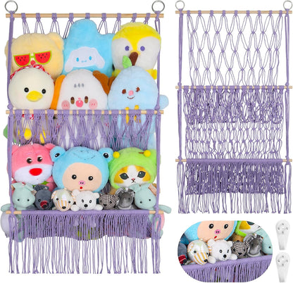 2 Tier Stuffed Animal Storage Net, Large Boho Stuffy Plushies Storage,Beige