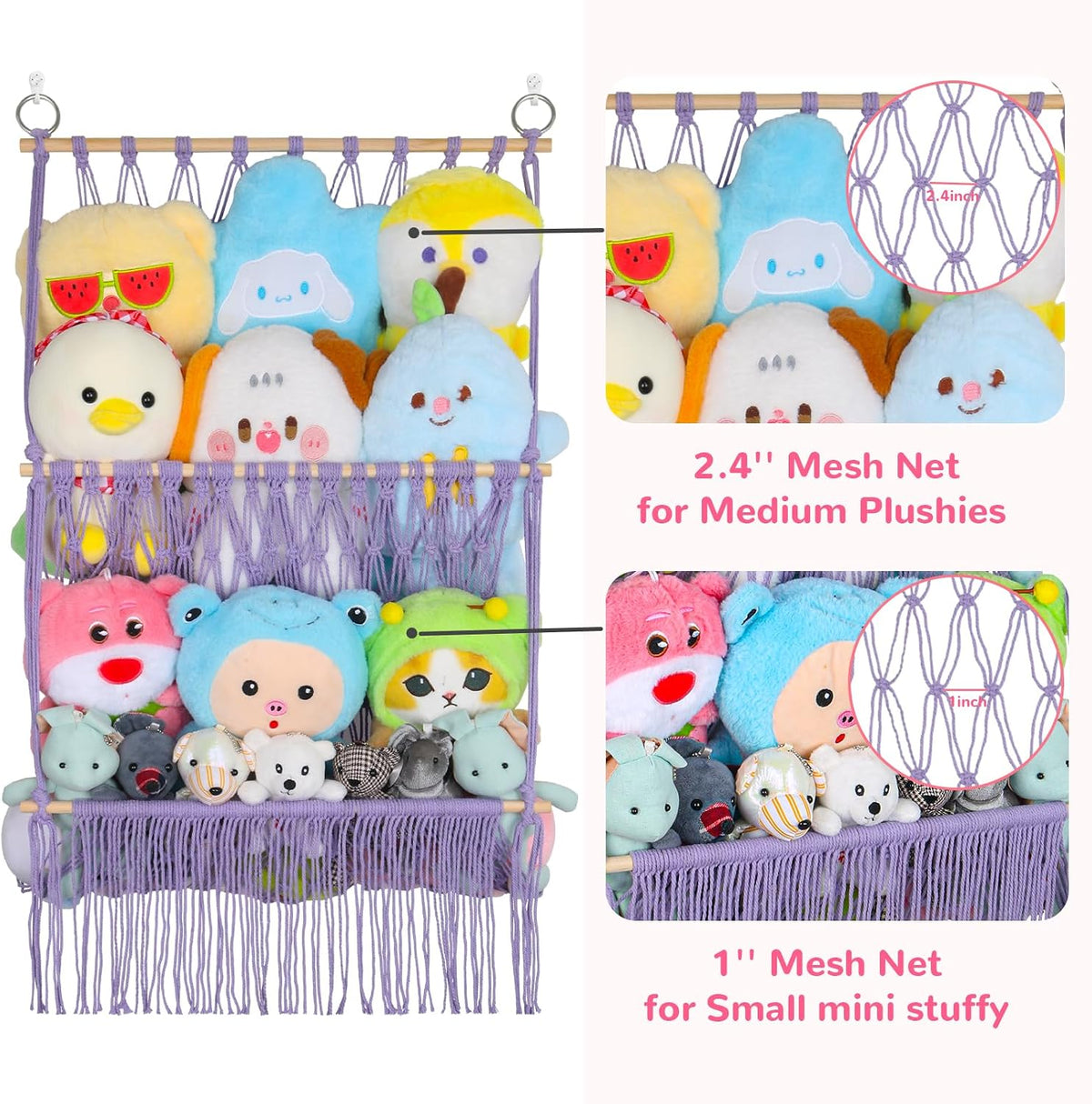 2 Tier Stuffed Animal Storage Net, Large Boho Stuffy Plushies Storage,Beige