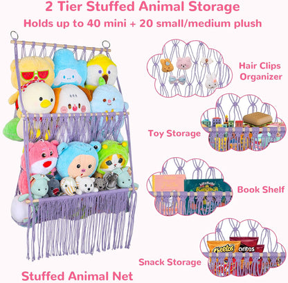 2 Tier Stuffed Animal Storage Net, Large Boho Stuffy Plushies Storage,Beige