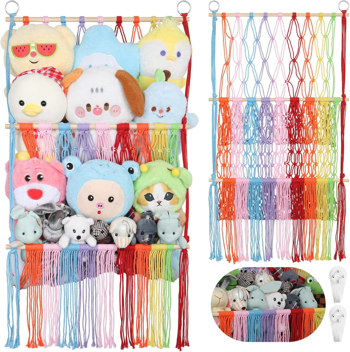 2 Tier Stuffed Animal Storage Net, Large Boho Stuffy Plushies Storage,Beige