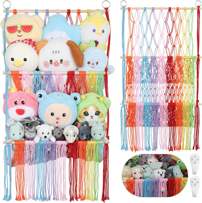 2 Tier Stuffed Animal Storage Net, Large Boho Stuffy Plushies Storage,Beige