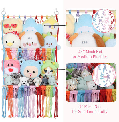 2 Tier Stuffed Animal Storage Net, Large Boho Stuffy Plushies Storage,Beige