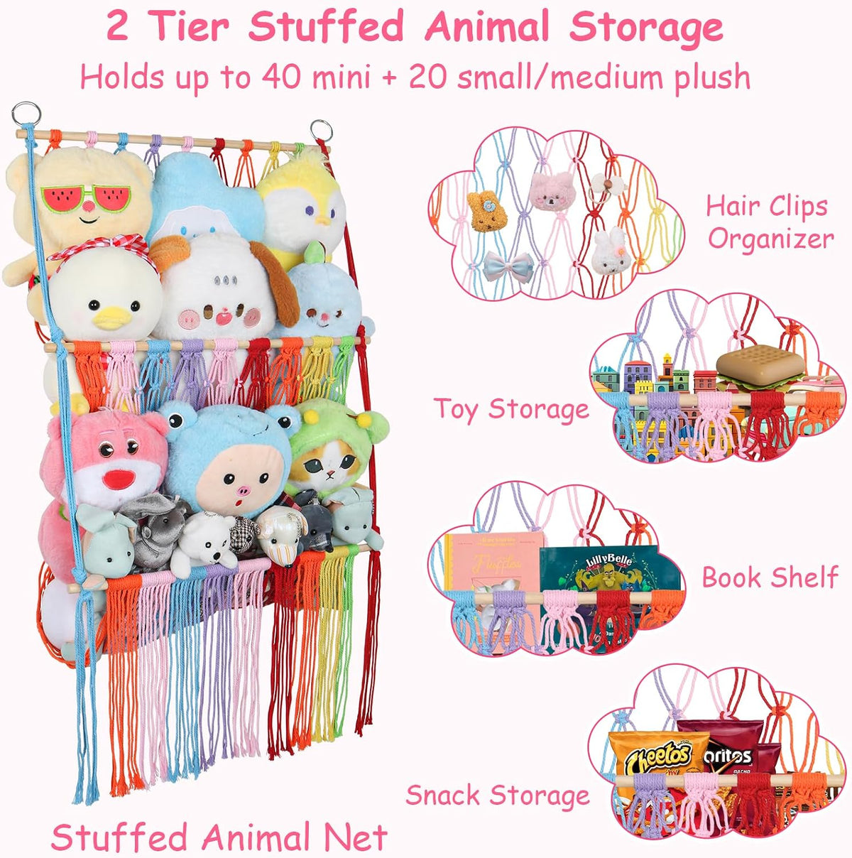 2 Tier Stuffed Animal Storage Net, Large Boho Stuffy Plushies Storage,Beige