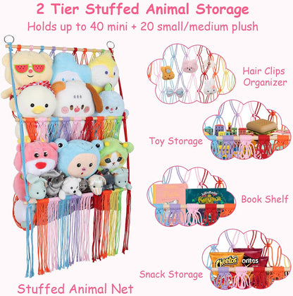 2 Tier Stuffed Animal Storage Net, Large Boho Stuffy Plushies Storage,Beige