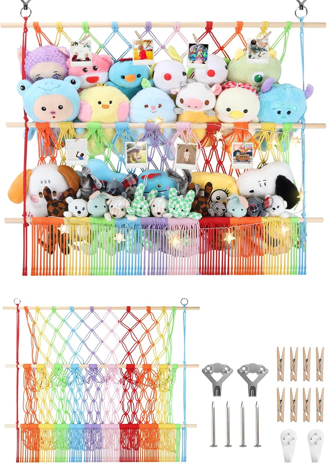 2 Tier Stuffed Animal Storage Net, Large Boho Stuffy Plushies Storage,Beige