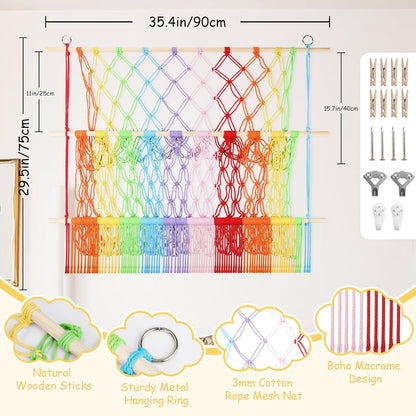 2 Tier Stuffed Animal Storage Net, Large Boho Stuffy Plushies Storage,Beige