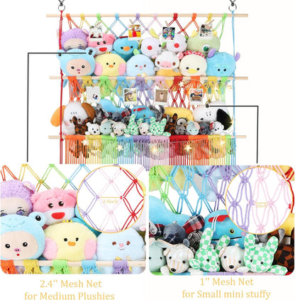 2 Tier Stuffed Animal Storage Net, Large Boho Stuffy Plushies Storage,Beige