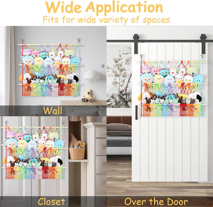 2 Tier Stuffed Animal Storage Net, Large Boho Stuffy Plushies Storage,Beige
