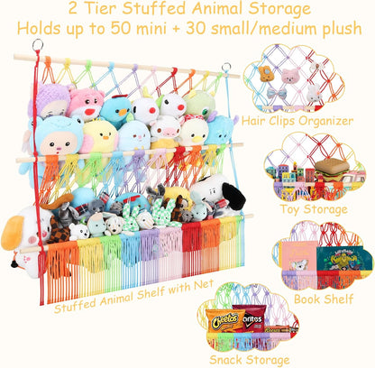 2 Tier Stuffed Animal Storage Net, Large Boho Stuffy Plushies Storage,Beige