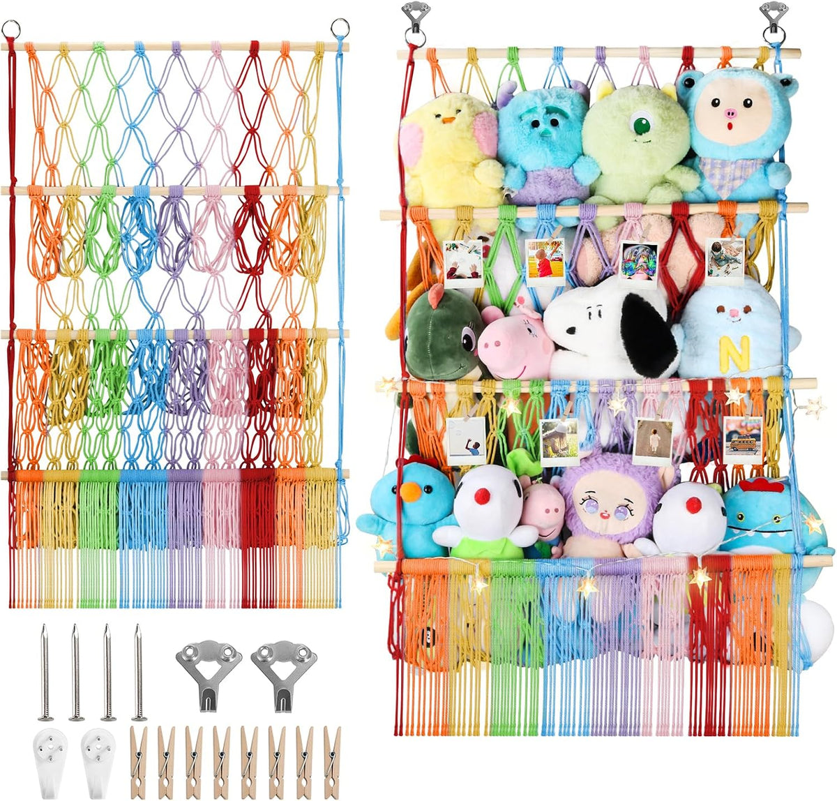 2 Tier Stuffed Animal Storage Net, Large Boho Stuffy Plushies Storage,Beige