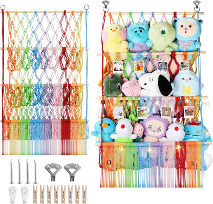 2 Tier Stuffed Animal Storage Net, Large Boho Stuffy Plushies Storage,Beige
