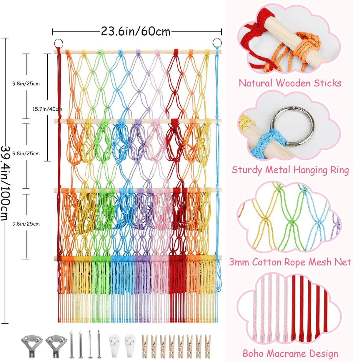 2 Tier Stuffed Animal Storage Net, Large Boho Stuffy Plushies Storage,Beige