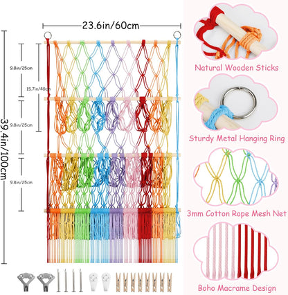 2 Tier Stuffed Animal Storage Net, Large Boho Stuffy Plushies Storage,Beige