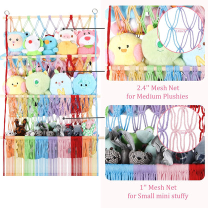 2 Tier Stuffed Animal Storage Net, Large Boho Stuffy Plushies Storage,Beige