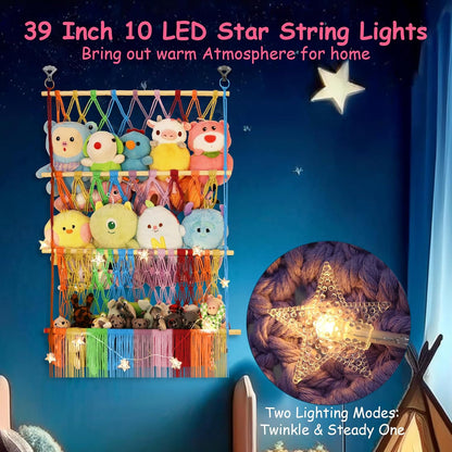 2 Tier Stuffed Animal Storage Net, Large Boho Stuffy Plushies Storage,Beige