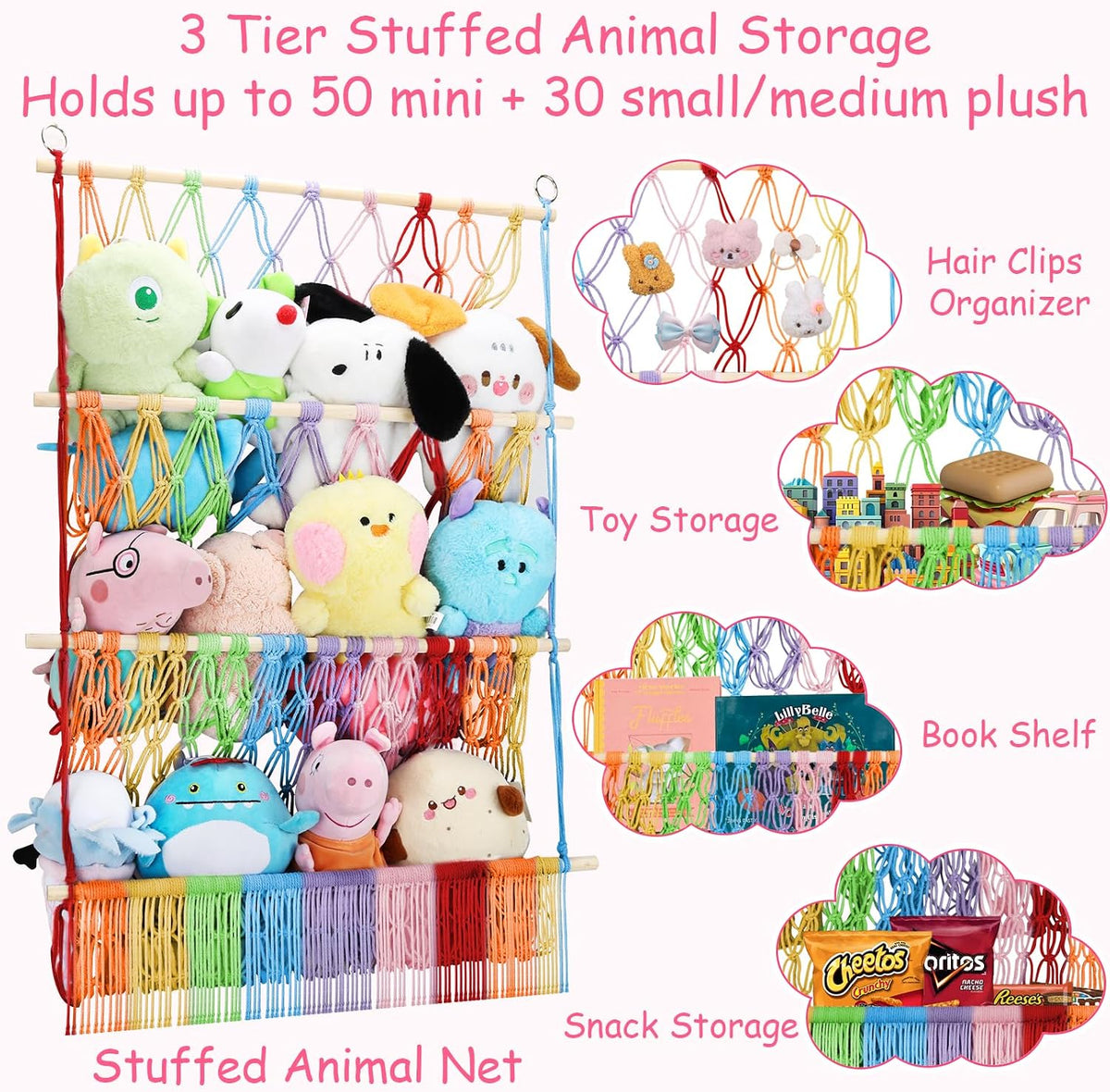 2 Tier Stuffed Animal Storage Net, Large Boho Stuffy Plushies Storage,Beige