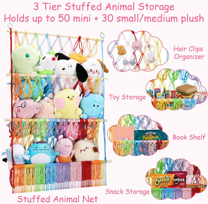 2 Tier Stuffed Animal Storage Net, Large Boho Stuffy Plushies Storage,Beige