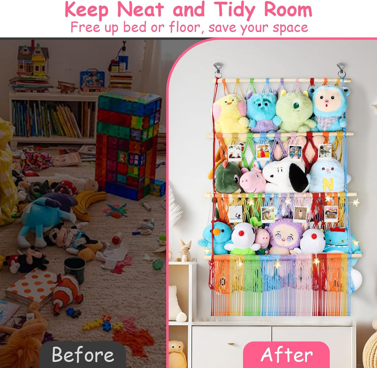 2 Tier Stuffed Animal Storage Net, Large Boho Stuffy Plushies Storage,Beige