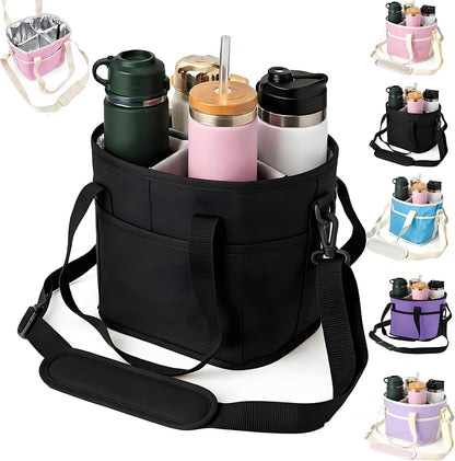 Drink Carrier Bag for 4 Cups, Insulated Drink Carrier with 4 Compartments, Portable Tumbler Holder with Adjustable Strap, Drink Caddy Tote for Coffee, Travel, Takeout & Outings (Black)