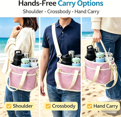 Drink Carrier Bag for 4 Cups, Insulated Drink Carrier with 4 Compartments, Portable Tumbler Holder with Adjustable Strap, Drink Caddy Tote for Coffee, Travel, Takeout & Outings (Black)