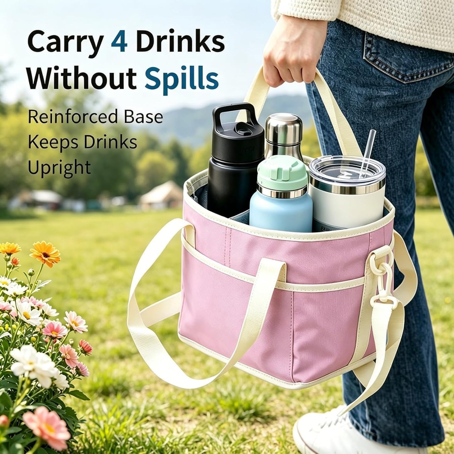 Drink Carrier Bag for 4 Cups, Insulated Drink Carrier with 4 Compartments, Portable Tumbler Holder with Adjustable Strap, Drink Caddy Tote for Coffee, Travel, Takeout & Outings (Black)